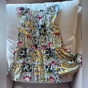 Tea Collection White Floral Tiered Dress with Pink, Yellow & Navy Accents